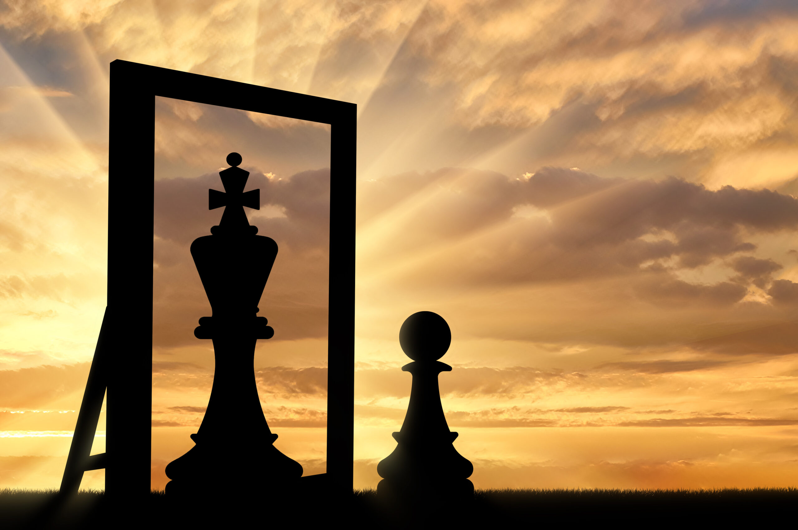 Chess Pieces Mirror reflection small Pawn looking at a Knight for strategic business