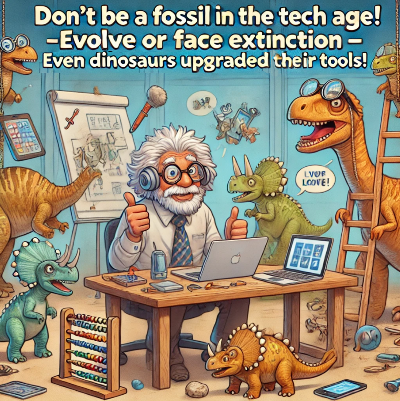 Don't Be a Fossil in the Tech Age! Evolve or Face Extinction – Even Dinosaurs Upgraded Their Tools!" featuring an Einstein-like figure instead of the older man, humorously highlighting the importance of adapting to modern technology.