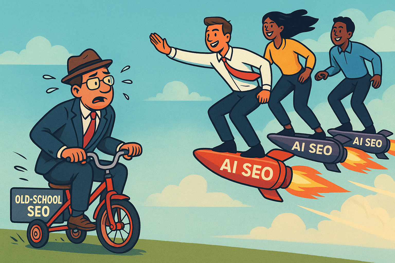 Illustration of a businessperson in a suit frantically pedaling a tiny, squeaky tricycle marked “Old-School SEO” while everyone else soars past on sleek rocket-powered hoverboards labeled “AI SEO